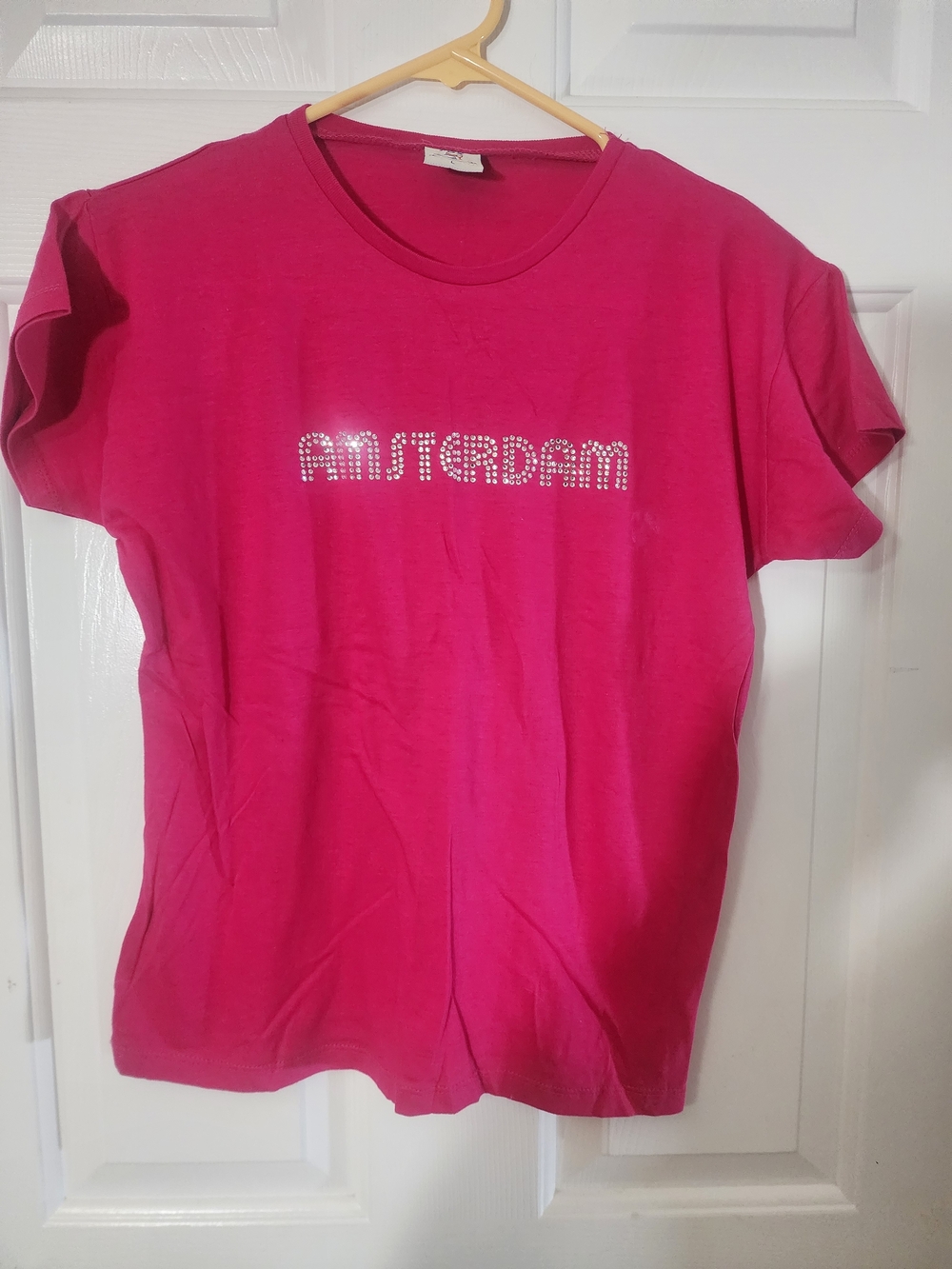 Fox Bright Pink Short Sleeve Tee with Crystal 'AMSTERDAM' Sz L